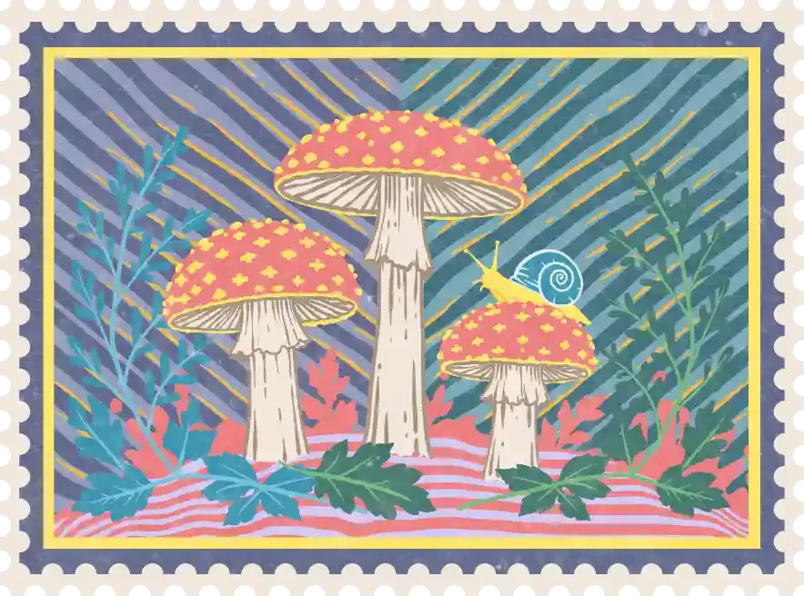 Vintage postage stamp illustration of three wild mushrooms with a snail crawling on one