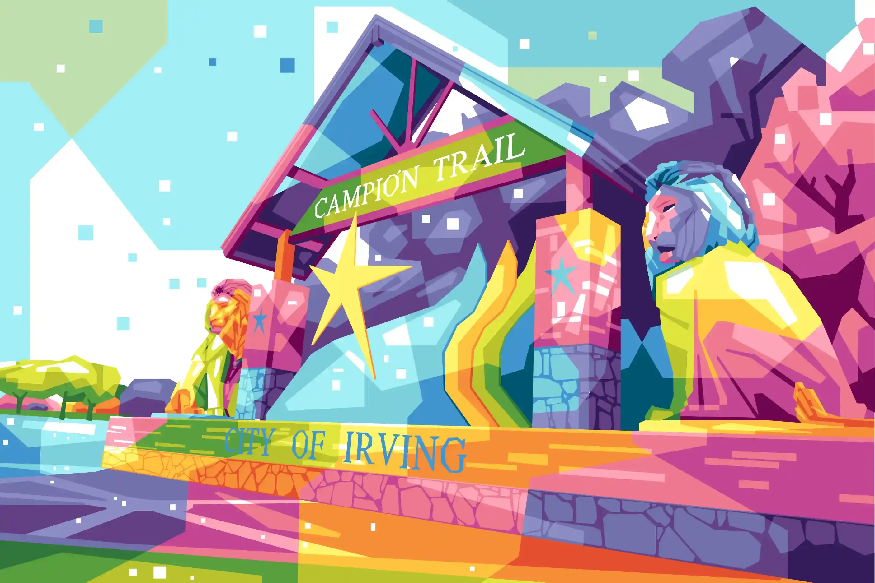 WPAP geometric pop art illustration of the Campion Trail lions entrance pavilion in Irving, Texas