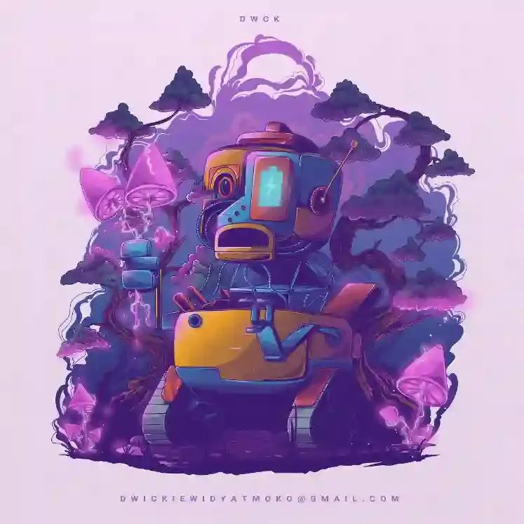 Robot in electric mushroom bonsai forest