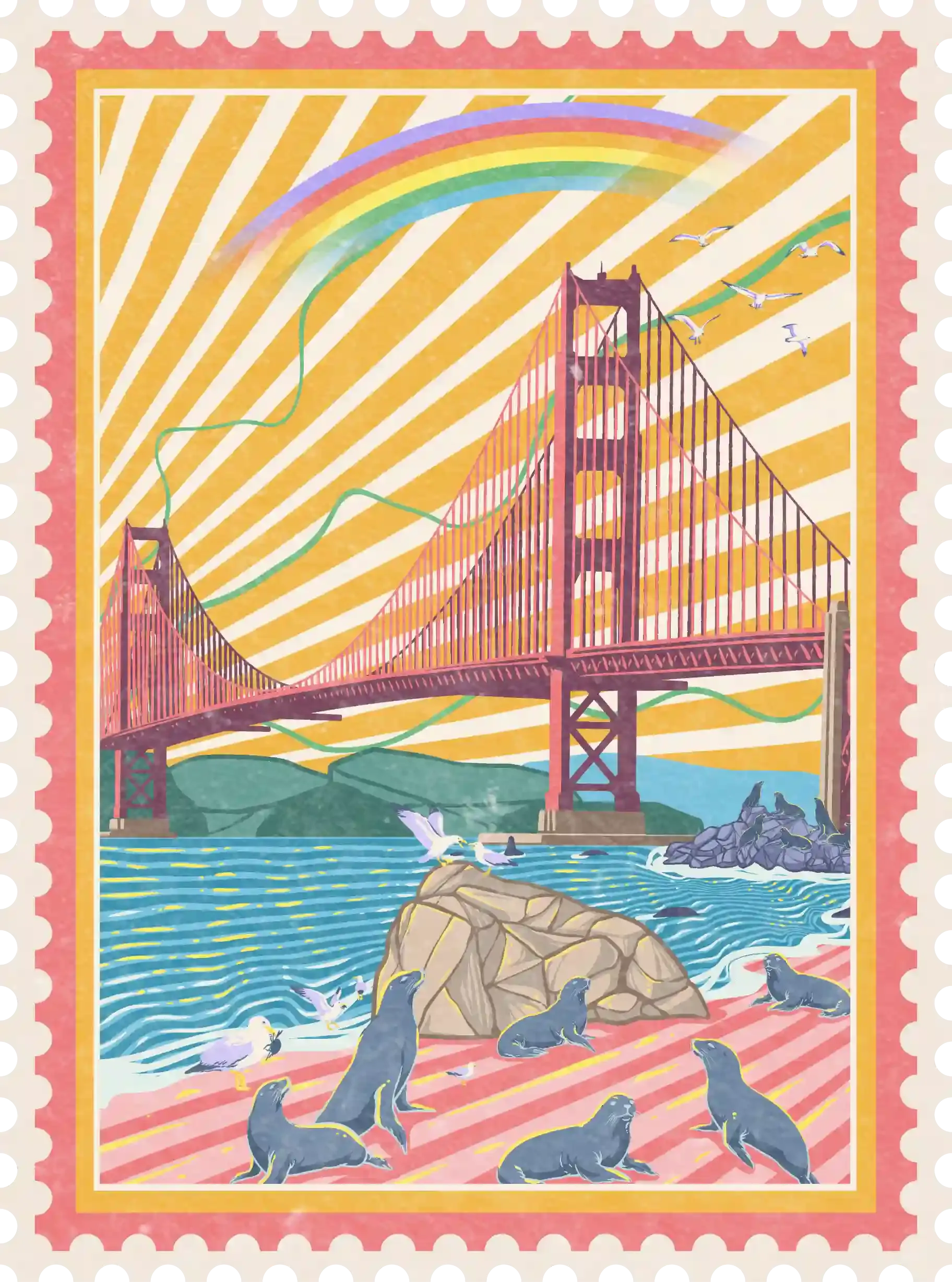 Golden Gate bridge stamp print on desk