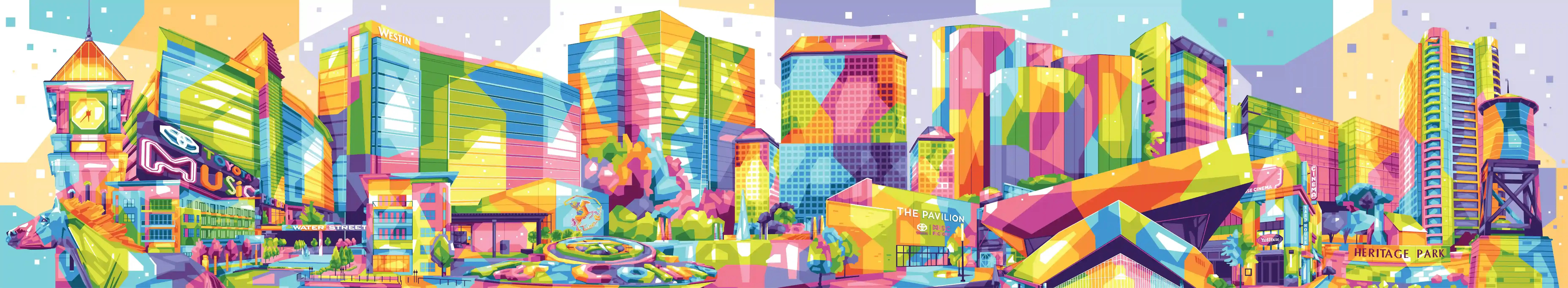 Panoramic WPAP pop art cityscape of Irving and Las Colinas, Texas including Toyota Music Factory