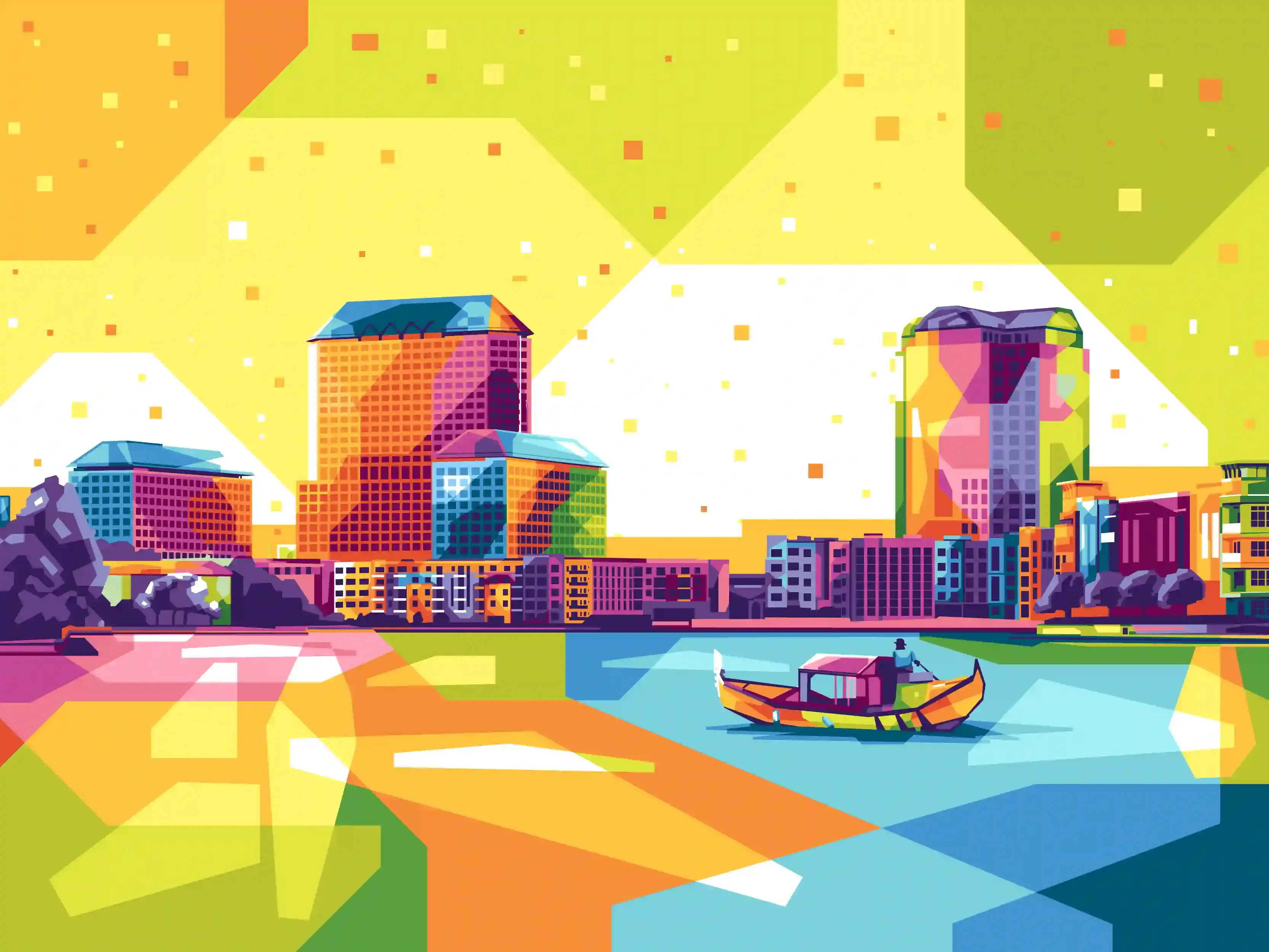 WPAP art of a gondola on Lake Carolyn with the Las Colinas skyline in Irving, Texas