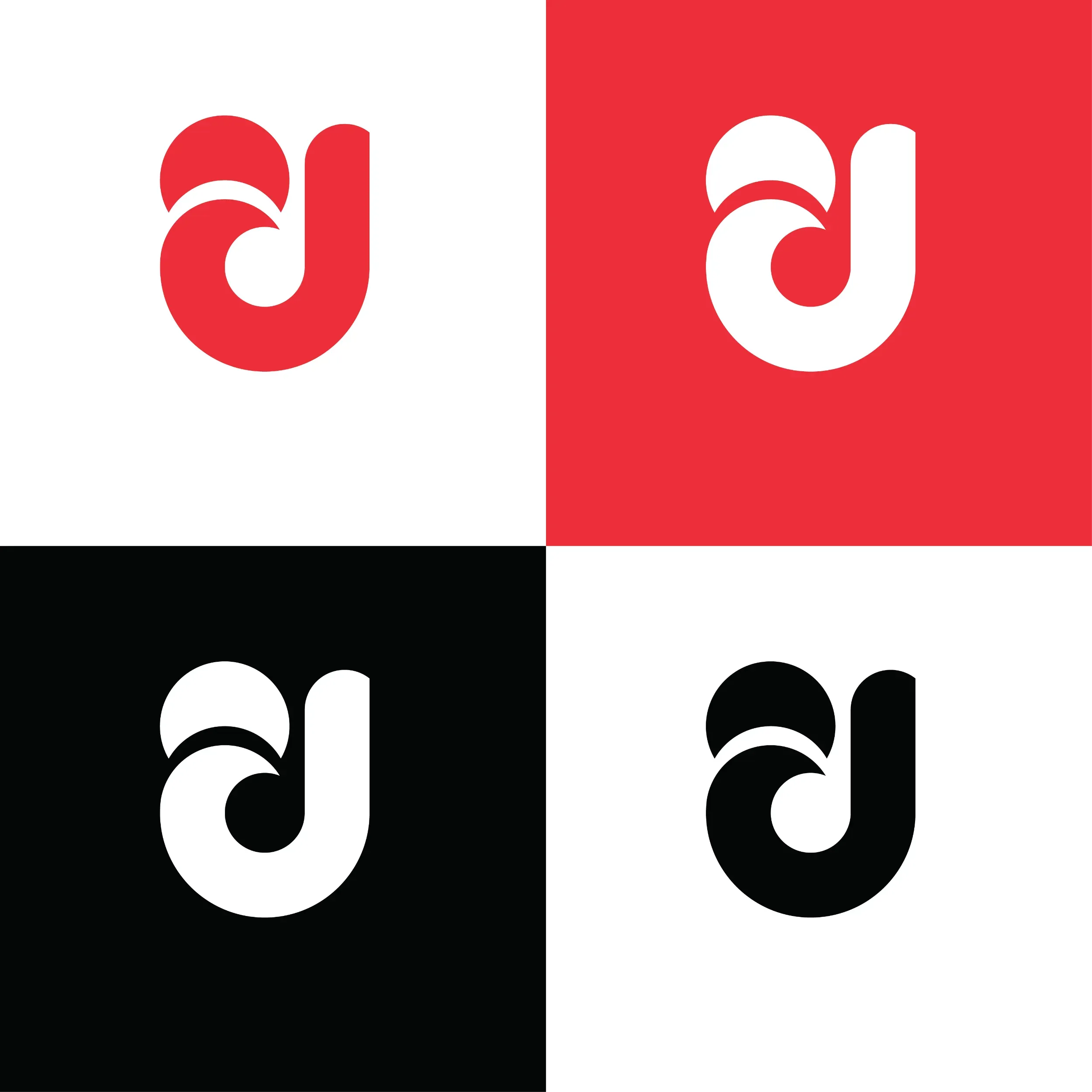 Brand identity design sheet showing the lowercase d lettermark in four colorways