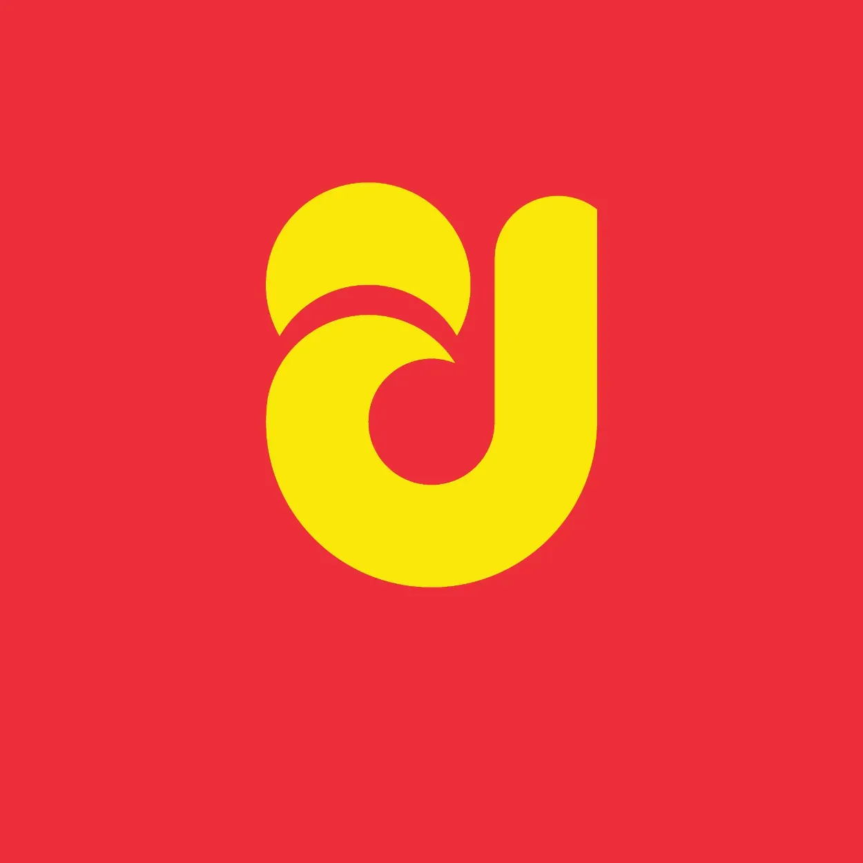 Modern lowercase d monogram icon on a red circular badge with yellow lettering