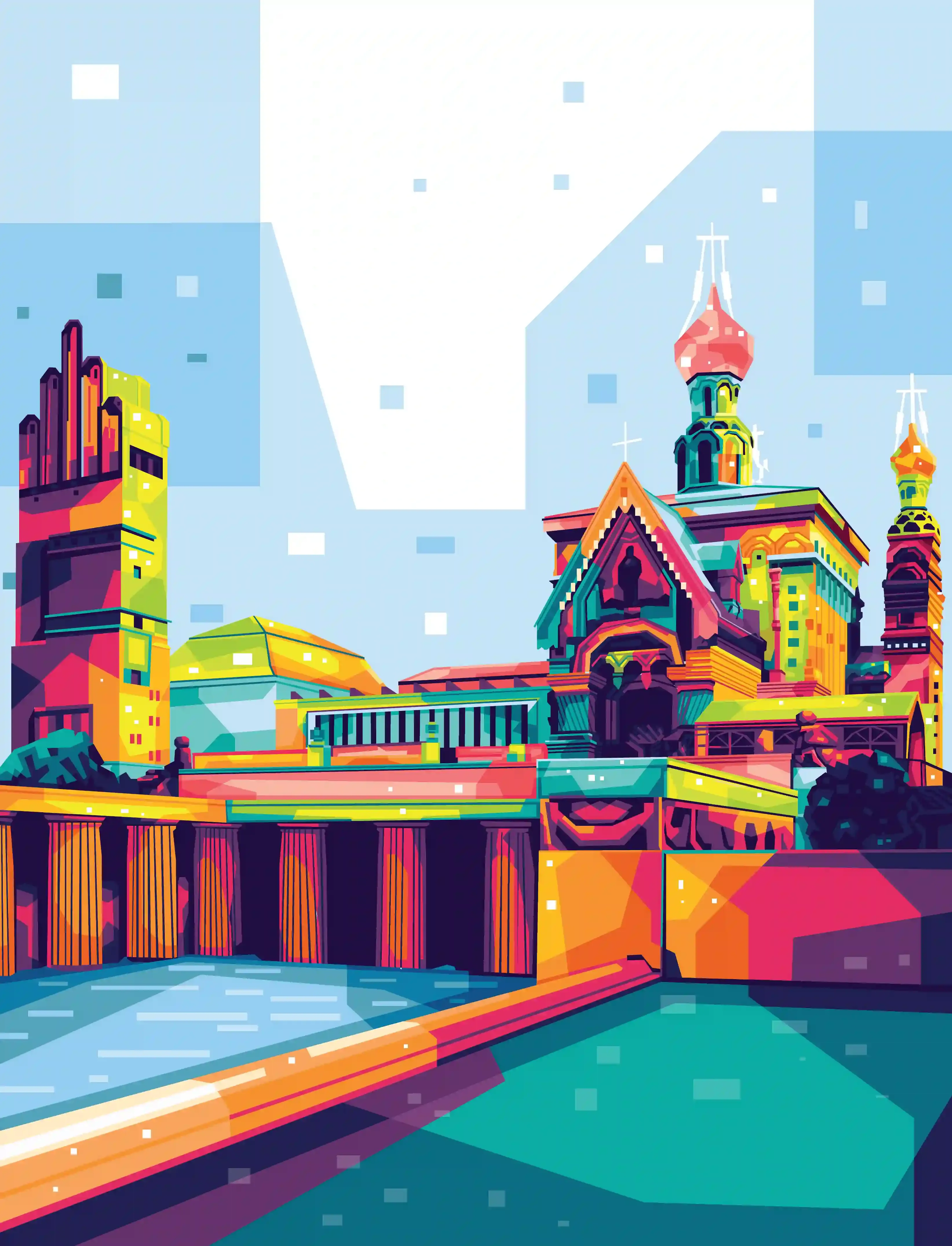 WPAP pop art illustration of the Hochzeitsturm and Russian Chapel in Darmstadt, Germany
