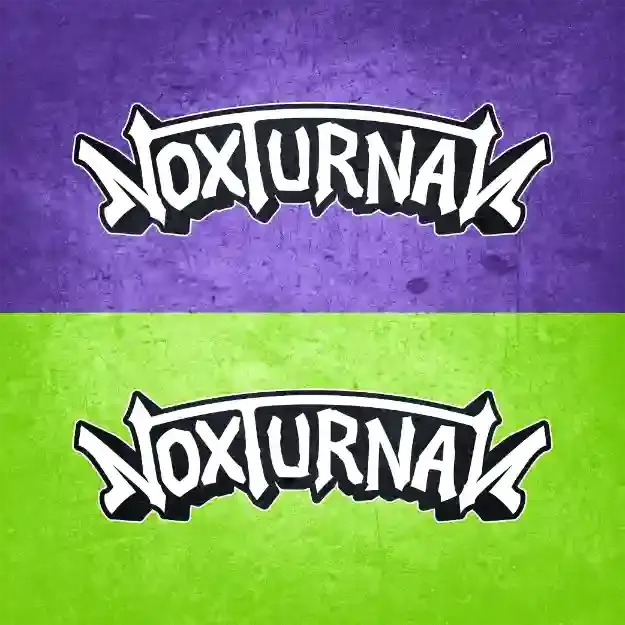 Noxturnal streetwear apparel logo presented on split purple and lime green textured backgrounds