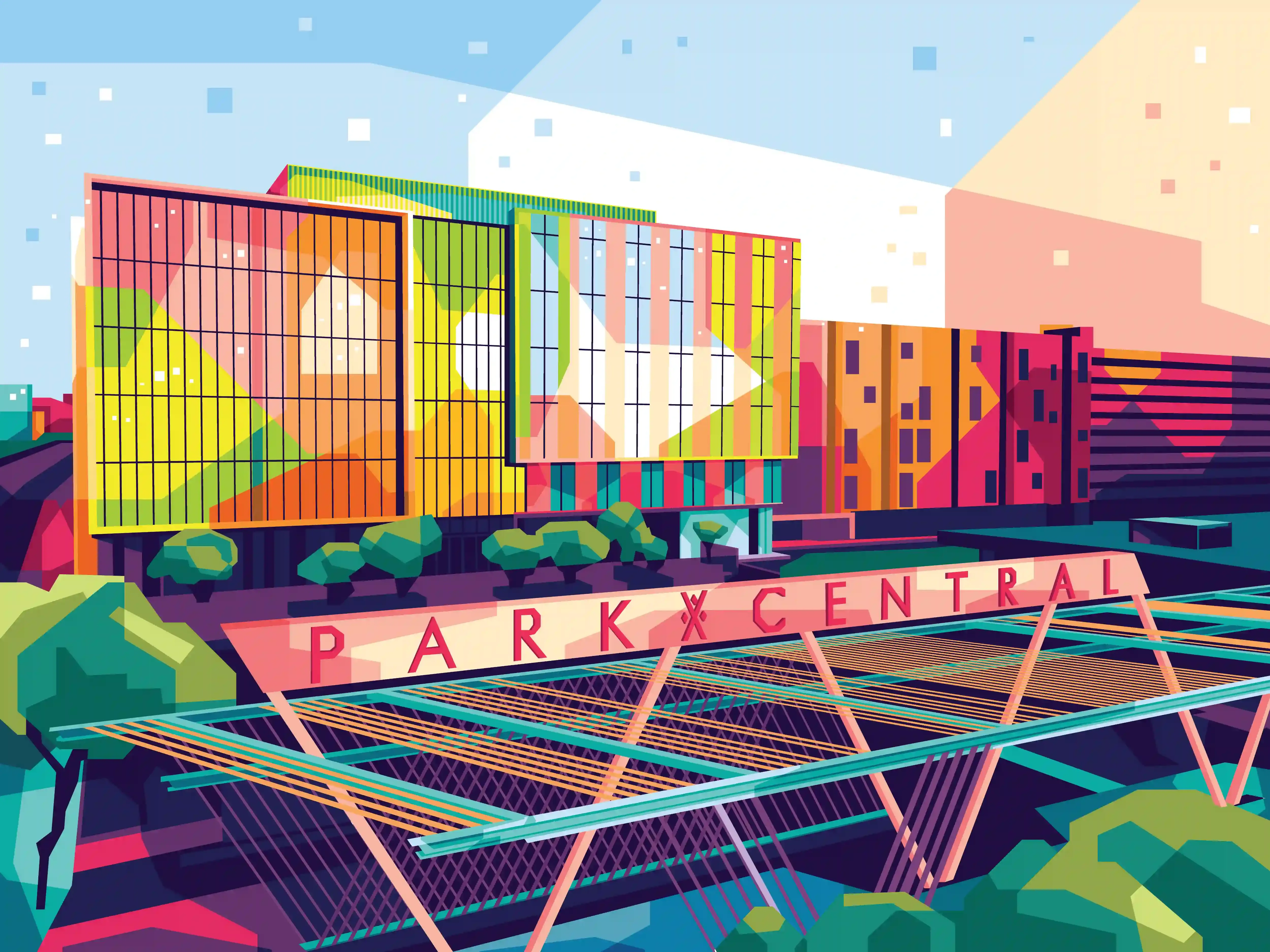 WPAP geometric pop art vector illustration of the Park Central office towers in Dallas, Texas