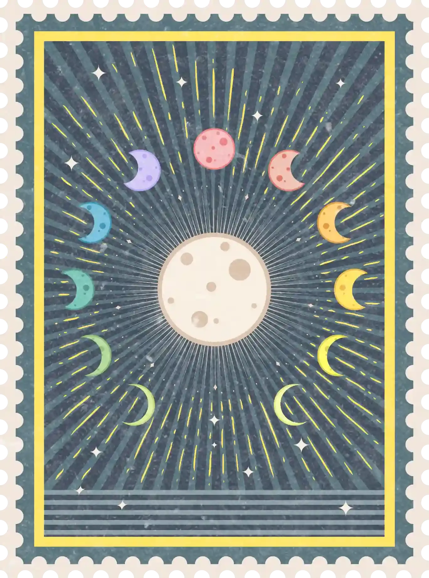 Celestial postage stamp illustration of sunburst rays, full moon, and rainbow lunar moon phases