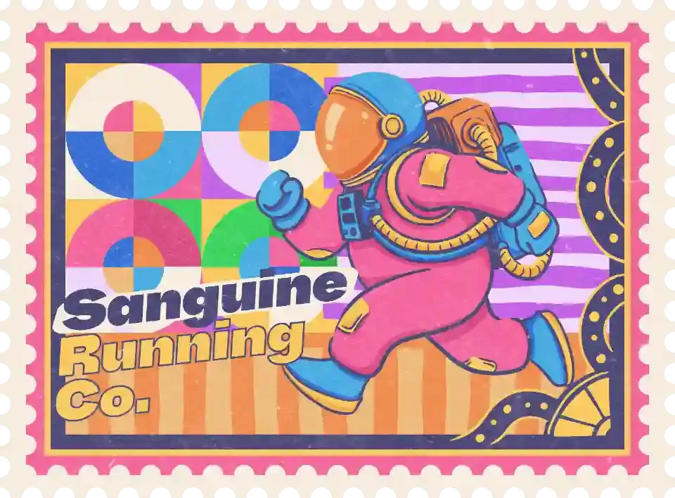 Vintage postage stamp illustration of a running astronaut with retro Bauhaus geometric color circles