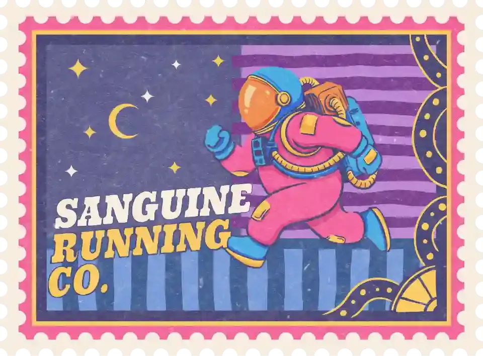 Vintage postage stamp illustration of a running astronaut under starry night sky and crescent moon