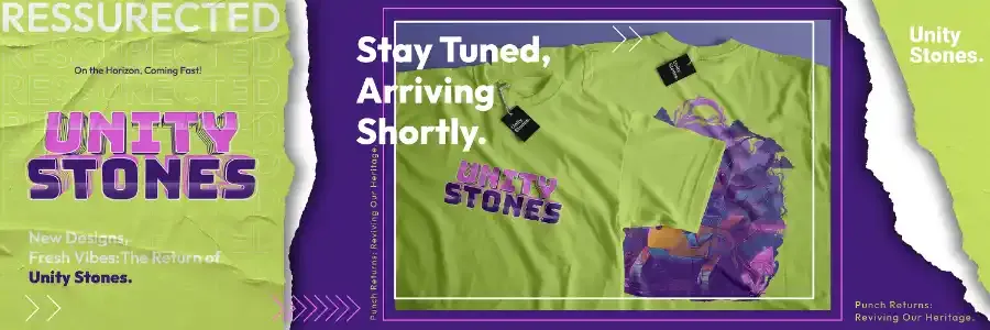 Promotional banner showing Unity Stones Resurrected streetwear collection and t-shirt mockups