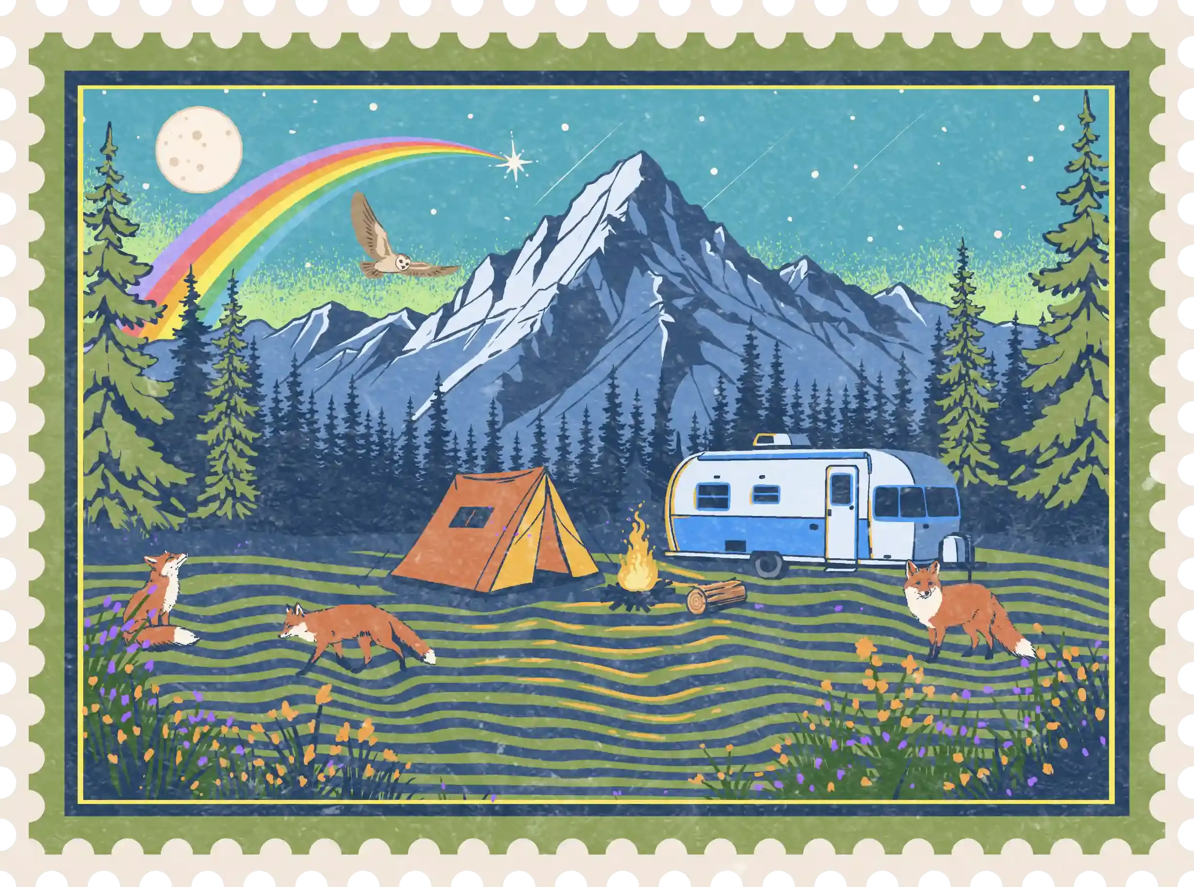 Vintage postage stamp illustration of mountain camping with a retro camper van RV and campfire